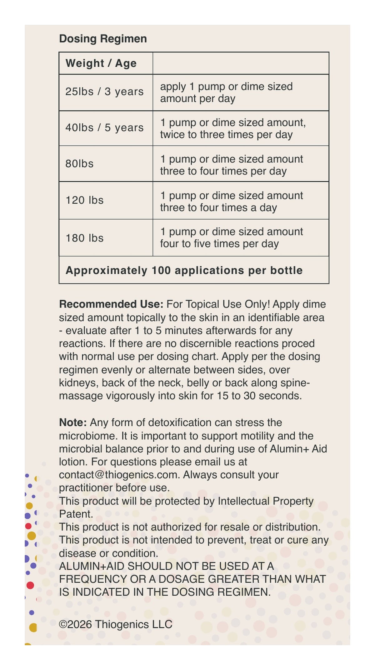 Alumin+Aid Lotion label: Dosing Regimen and Directions