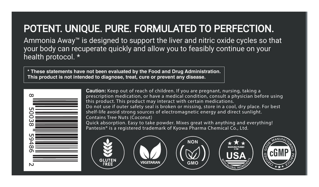 Ammonia Away Powder label: About, caution and certifications
