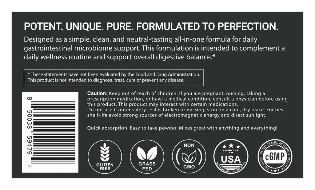 Colostrum Fusion Powder (Grass Fed) label: About, caution and certifications