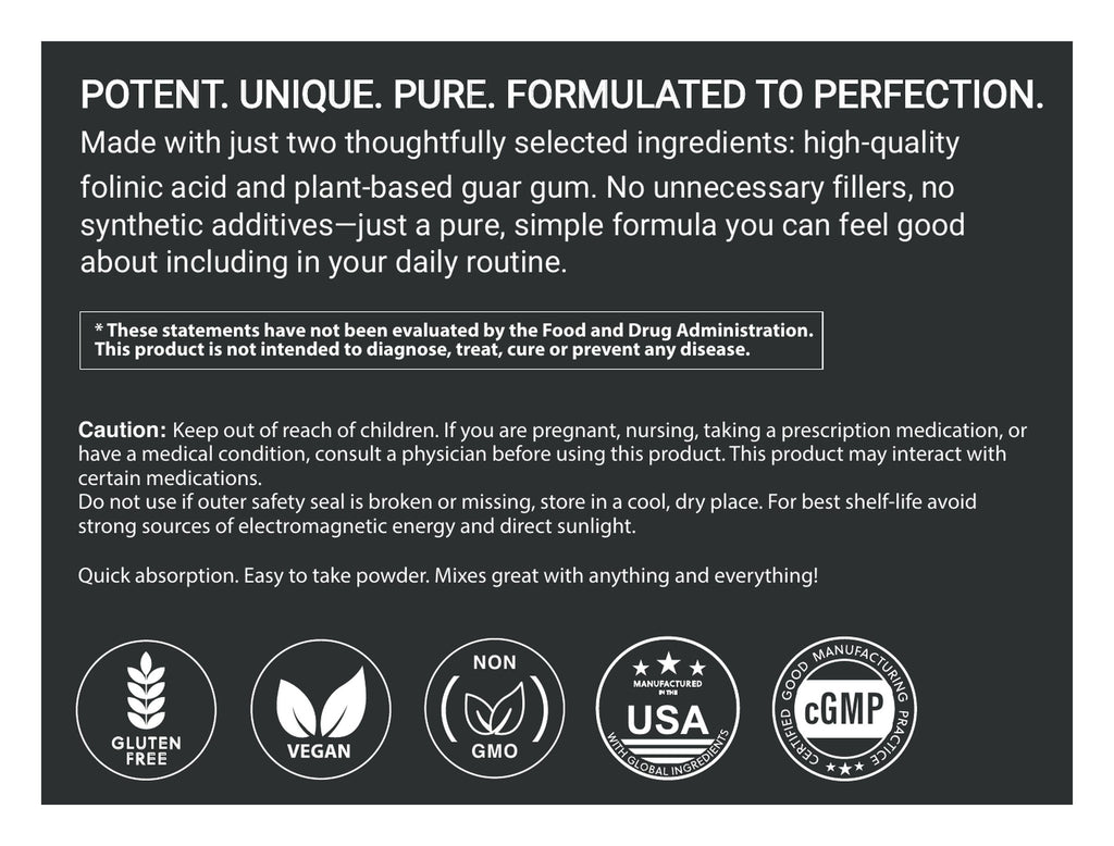 Folinic Acid Powder label: about, caution and certifications