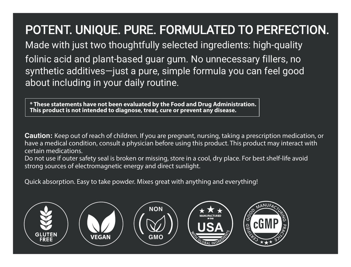 Folinic Acid Powder label: about, caution and certifications