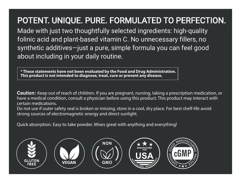 Folinic Acid Powder v2 label: about, caution and certifications