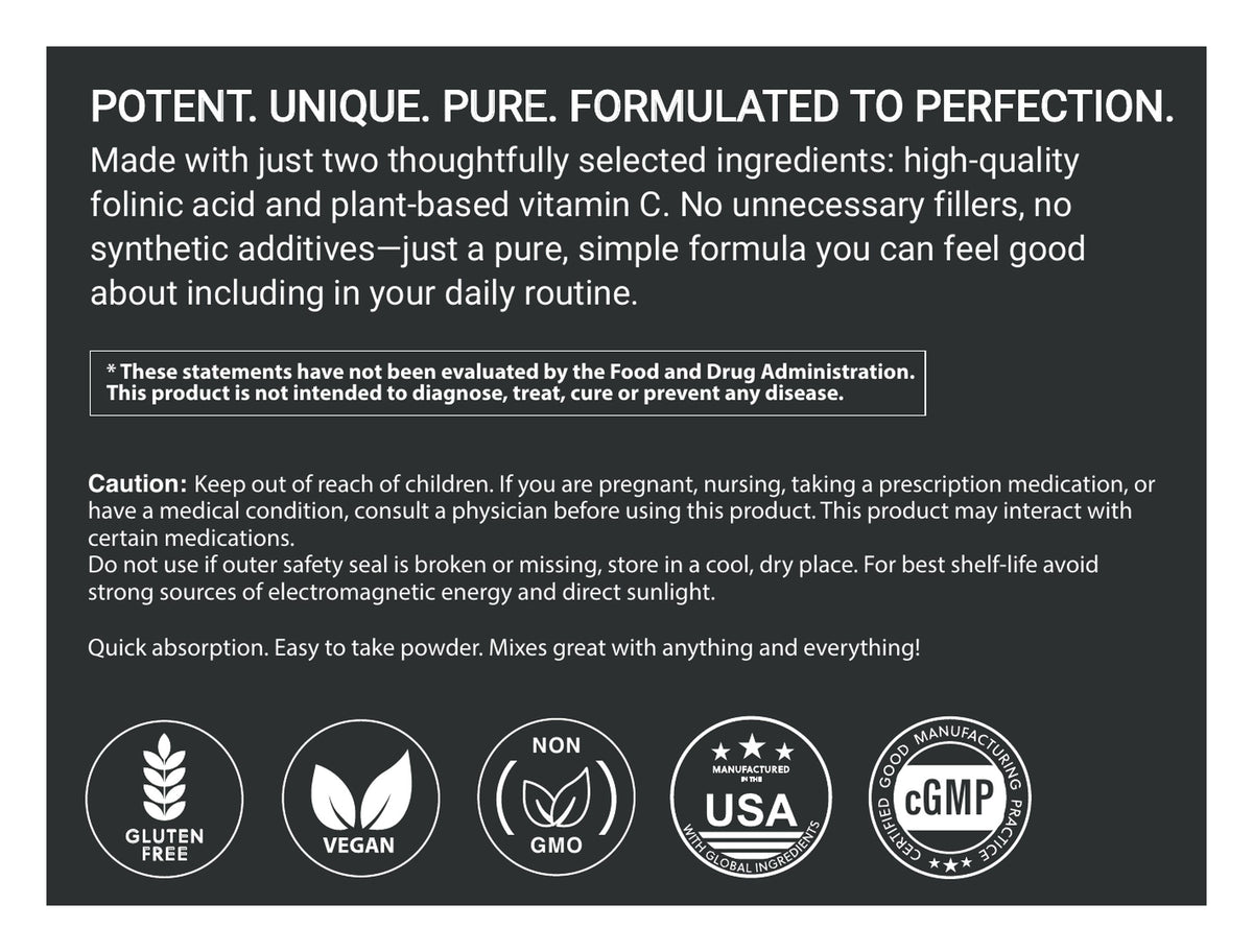 Folinic Acid Powder v2 label: about, caution and certifications