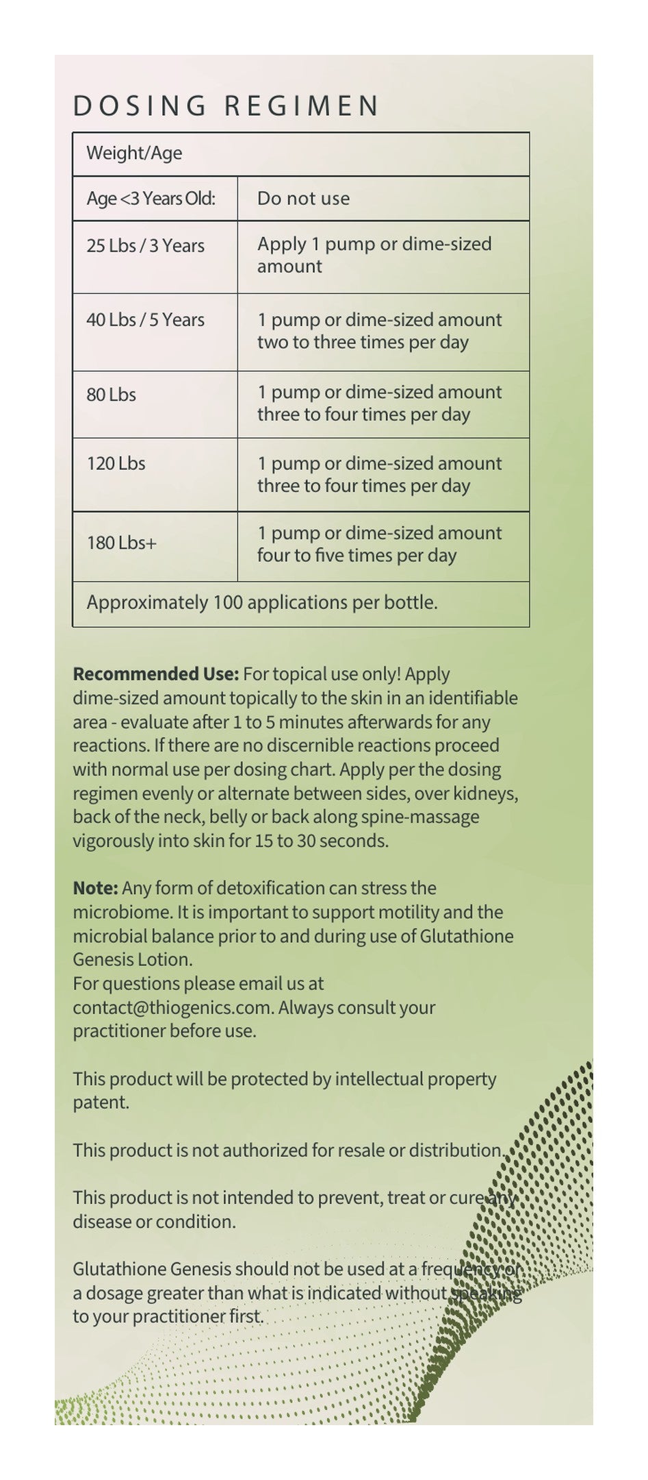 Glutathione Genesis label: Dosing Regimen and Directions