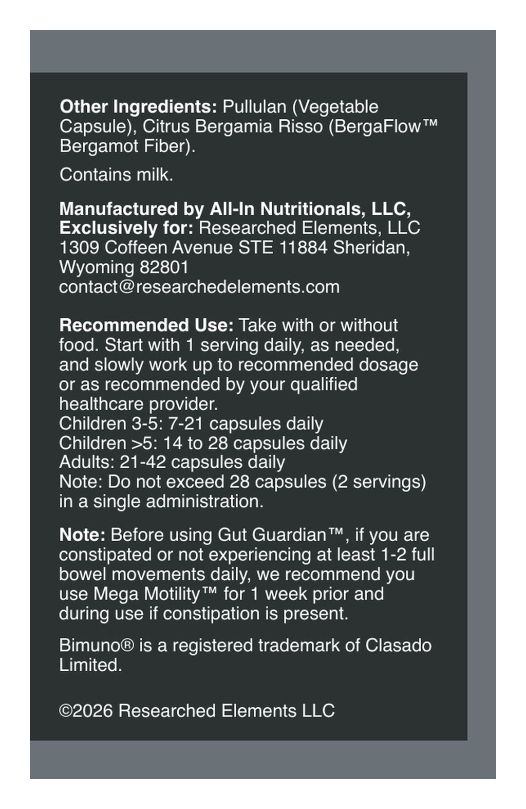 Gut Guardian capsules label: directions, other ingredients and warnings