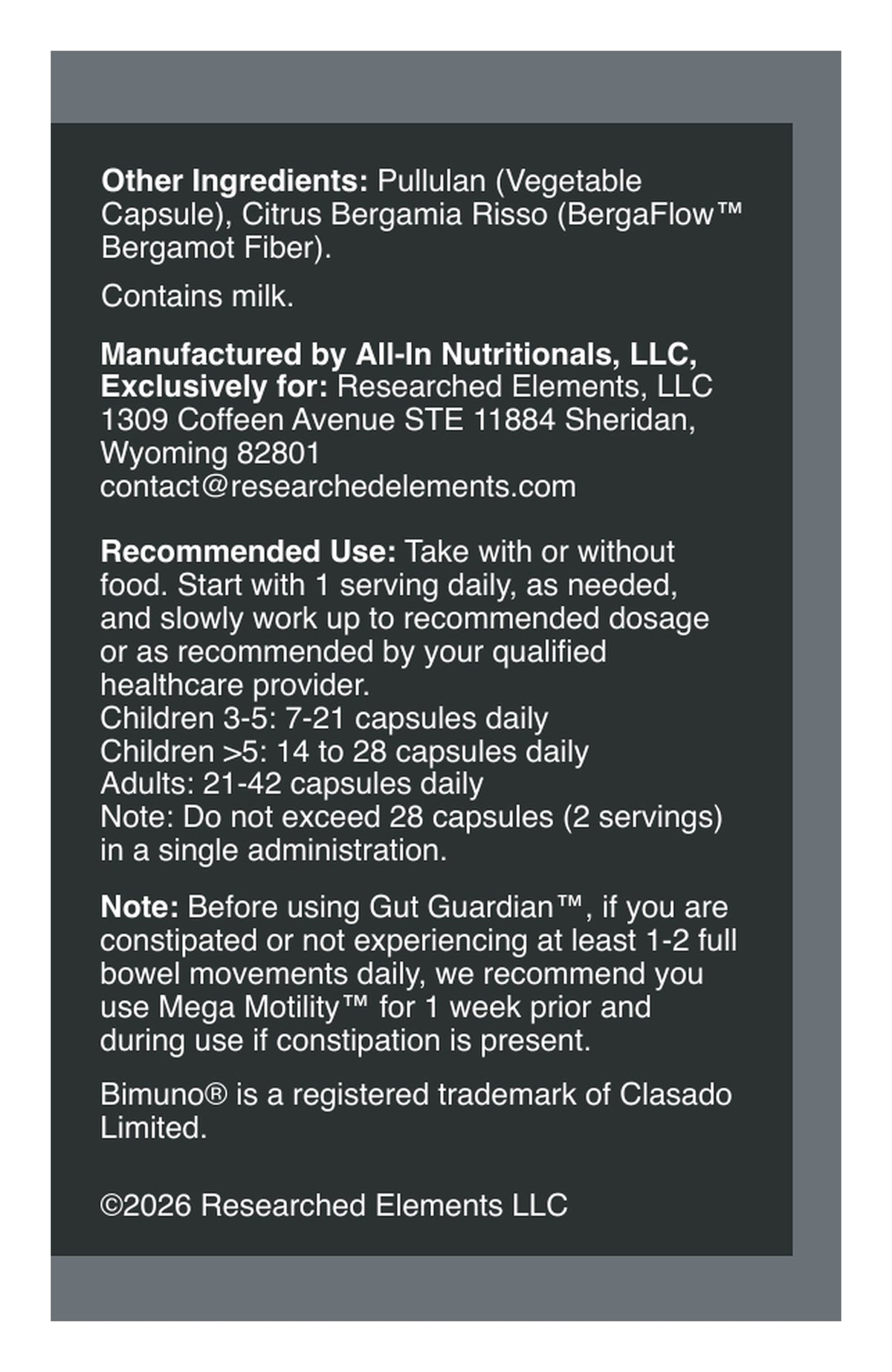 Gut Guardian capsules label: directions, other ingredients and warnings