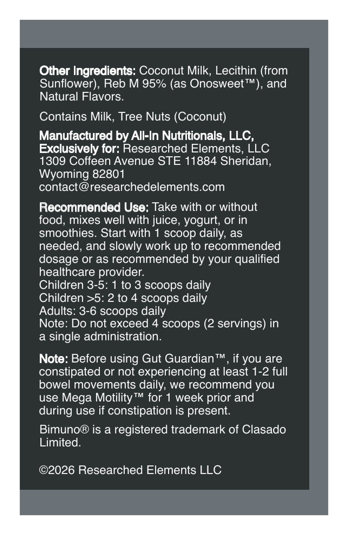 Gut Guardian powder label: directions, other ingredients and warnings