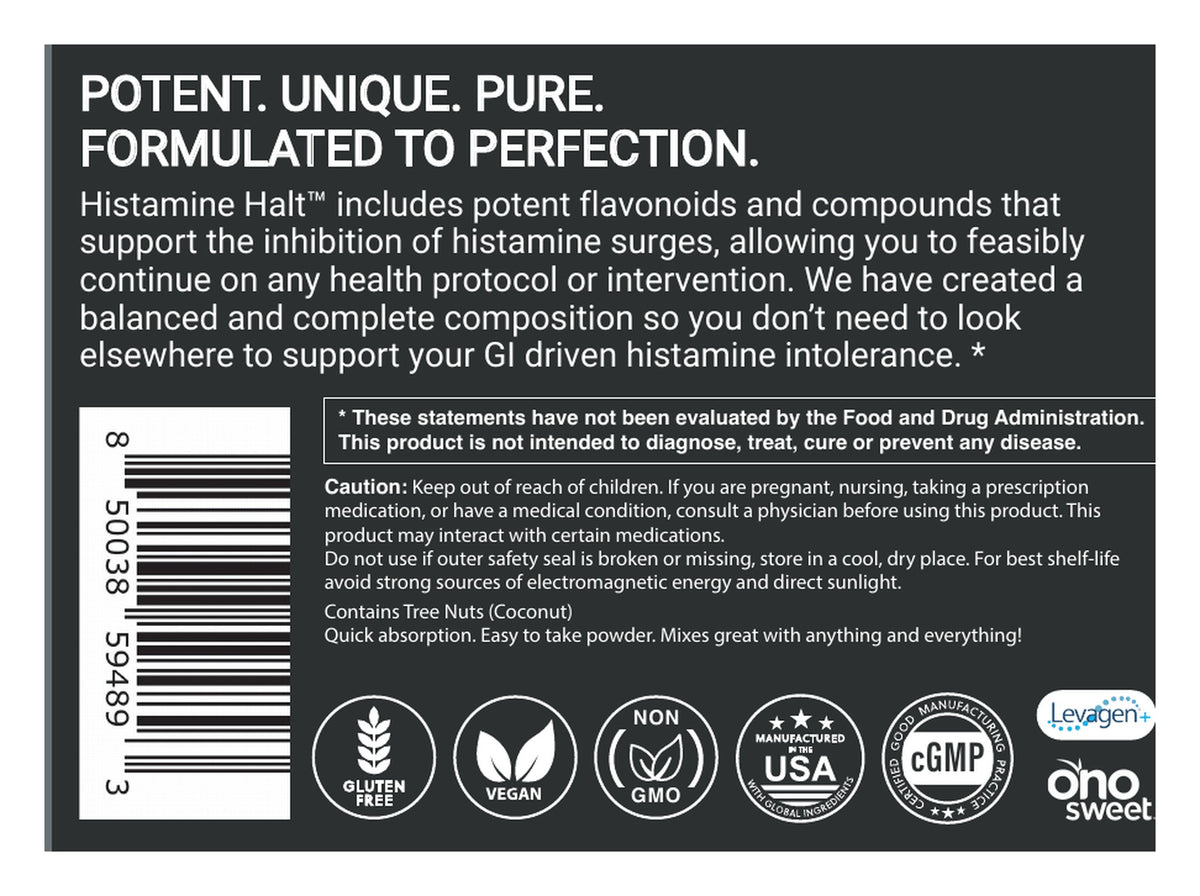 Histamine Halt powder label: About, cautions and certifications