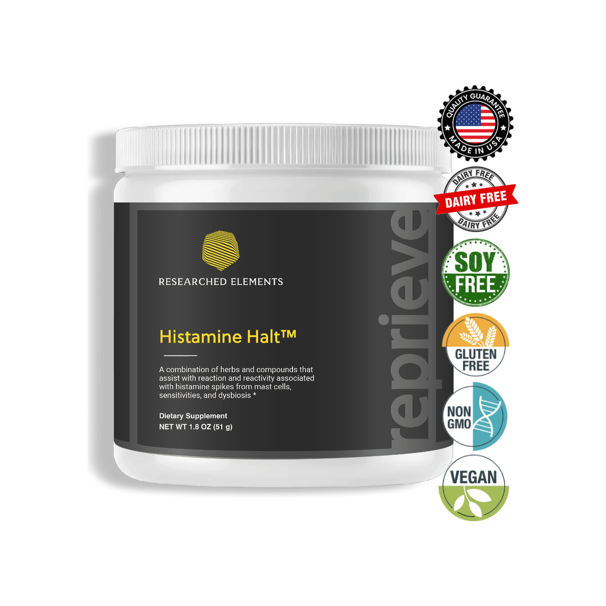Histamine Halt powder jar, earlier label