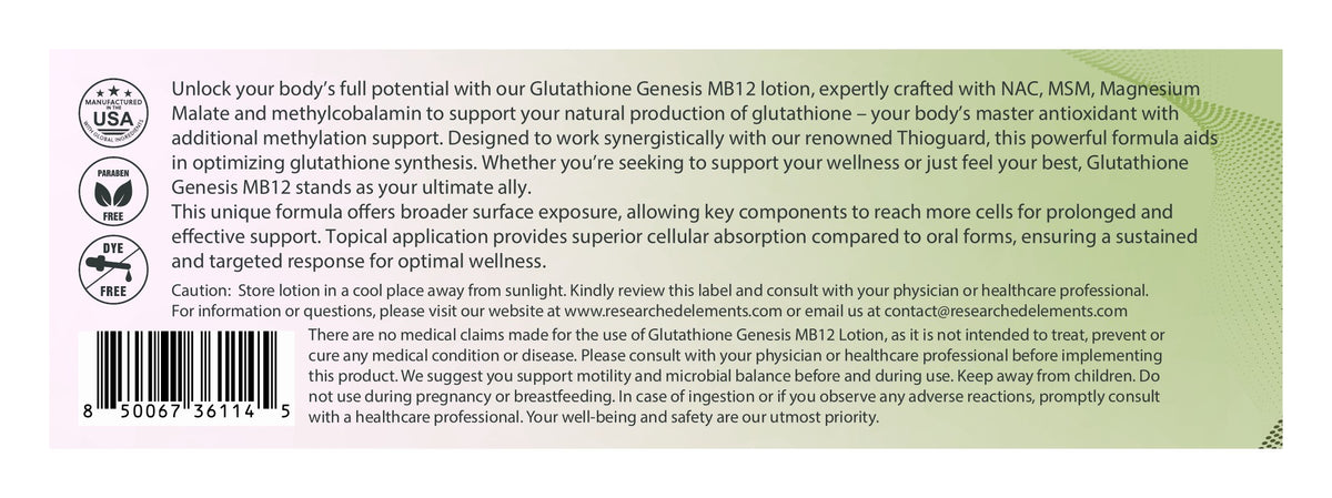 MB12 Glutathione Genesis label: About, Cautions and Barcode