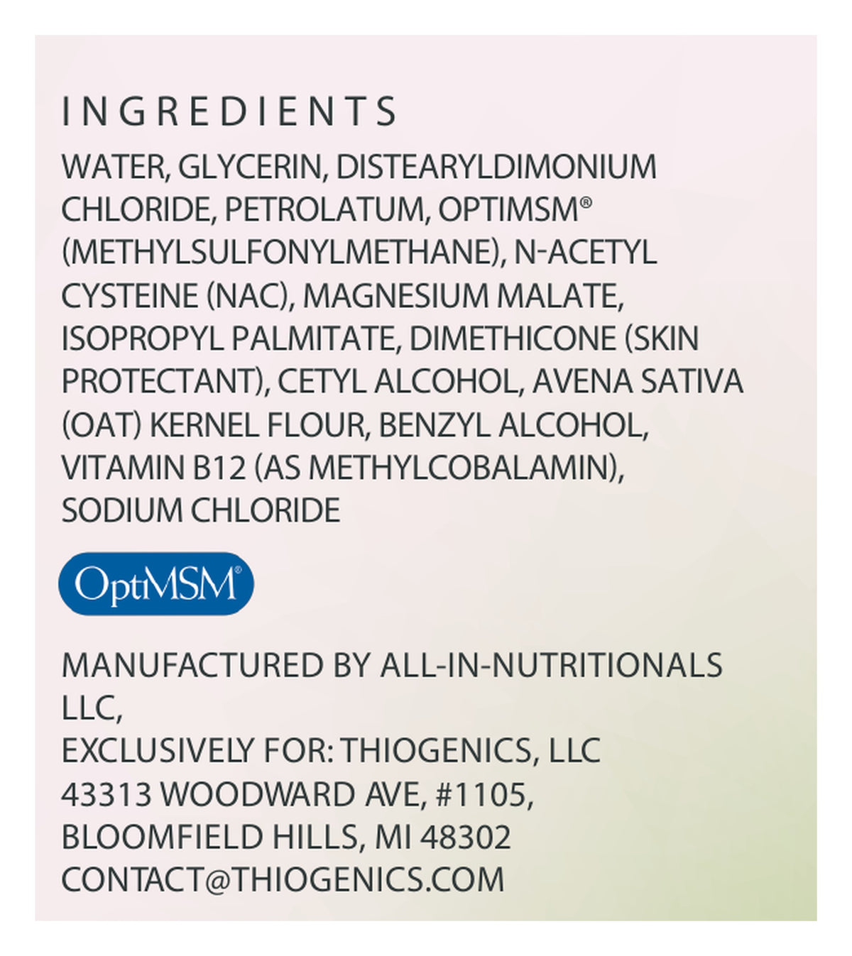 MB12 Glutathione Genesis label: Ingredients