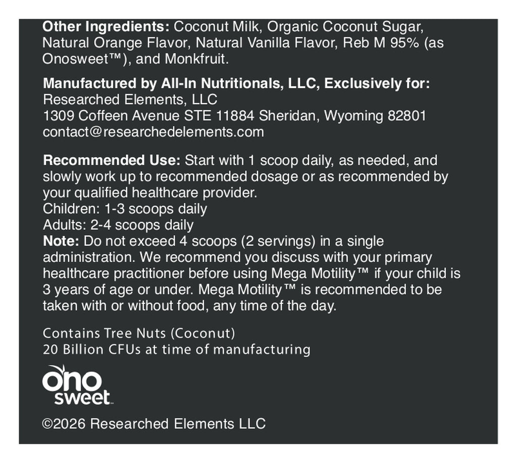 Mega Motility powder label: Other ingredients and directions
