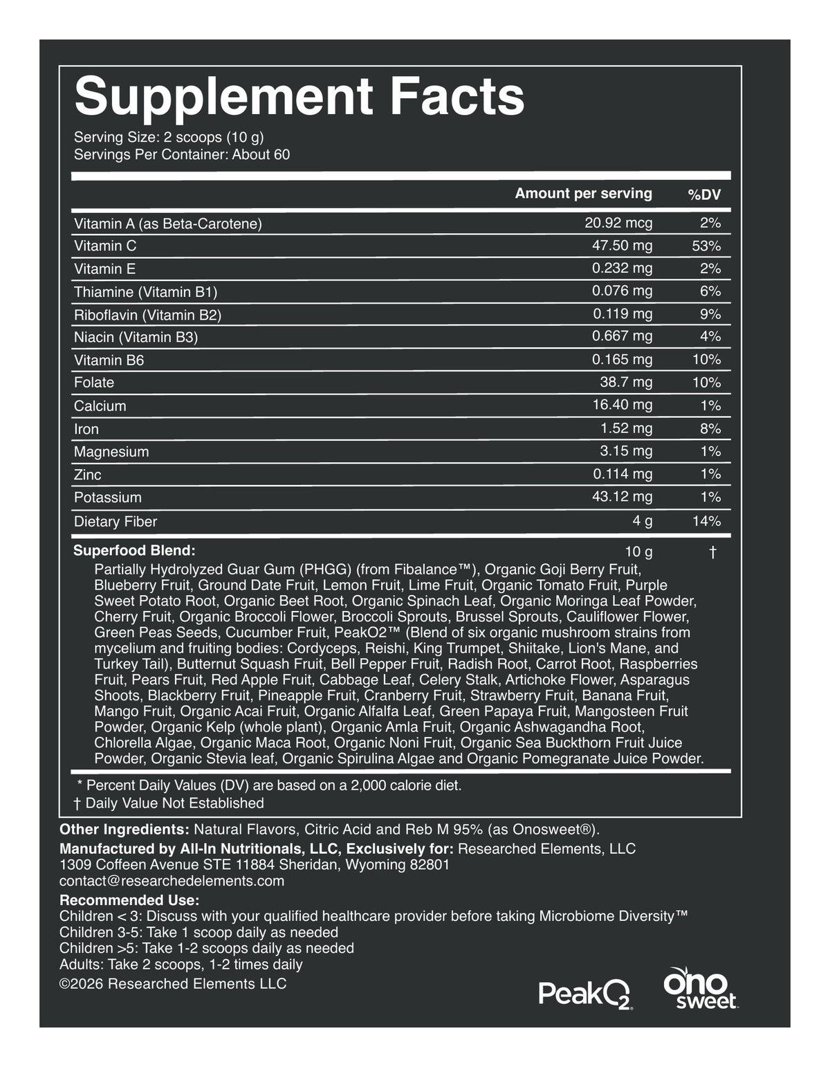 Microbiome Diversity mixed berry flavored label: Supplement Facts and directions