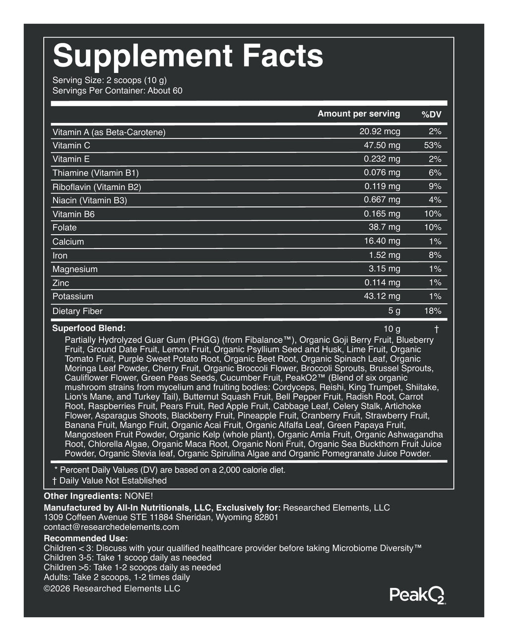 Microbiome Diversity unflavored label: Supplement Facts and directions