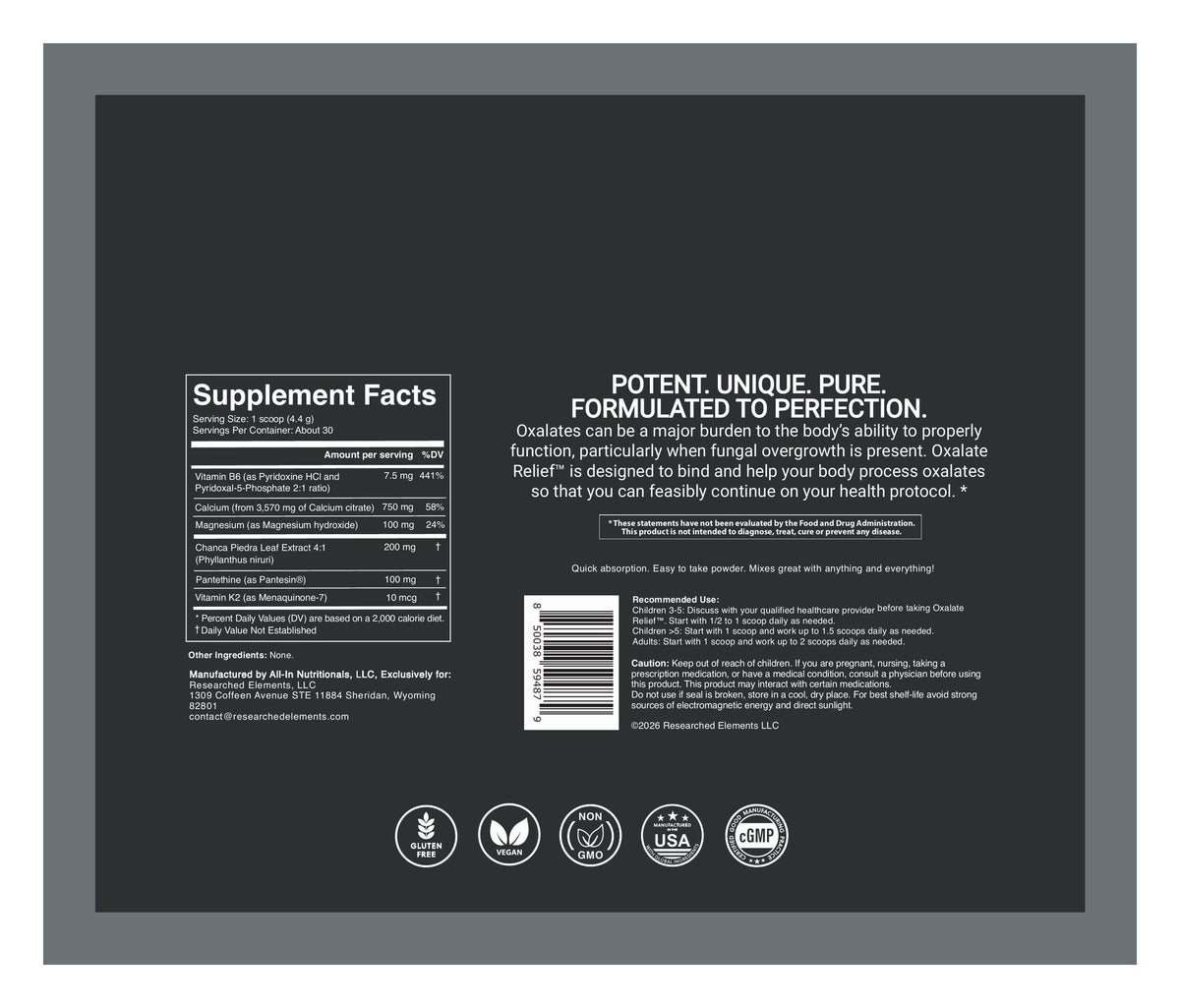 Oxalate Relief label: pouch back