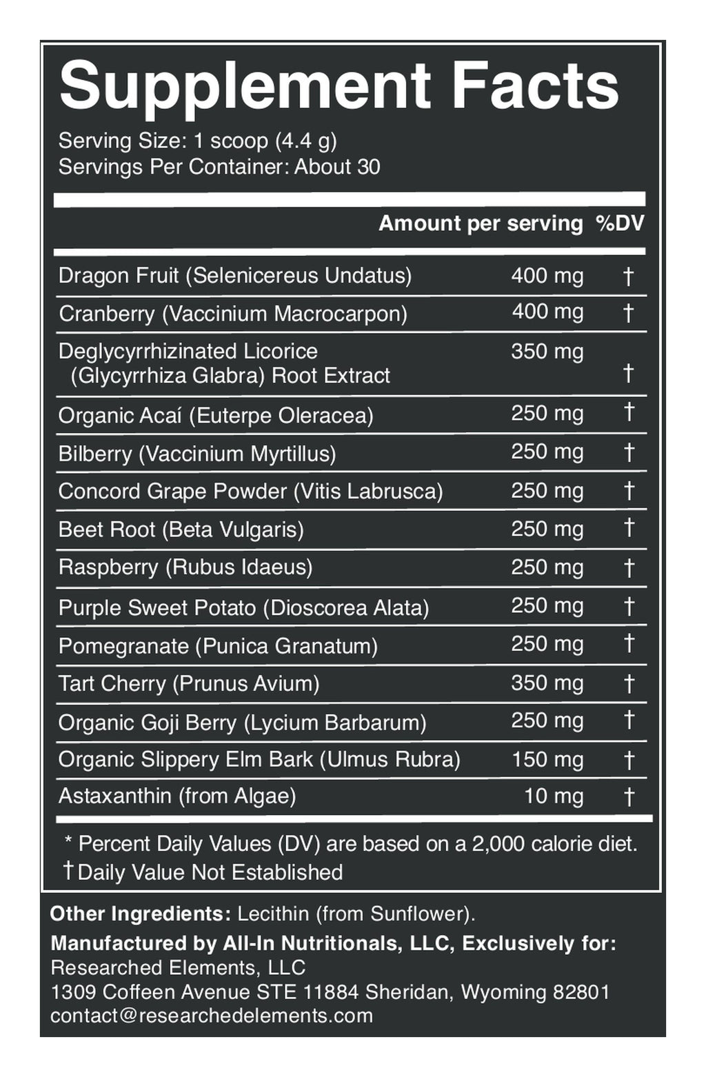 Reds & Purples Powder label: Supplement Facts