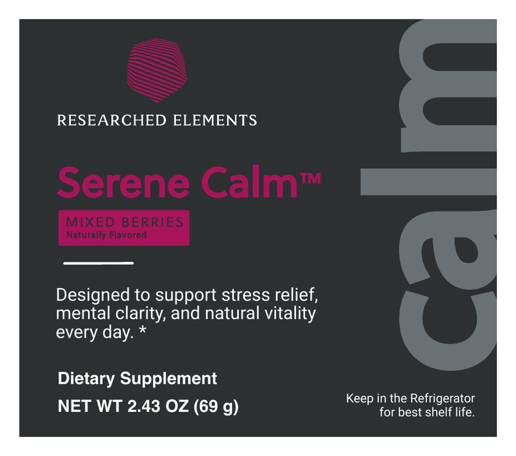 Serene Calm mixed berry powder label: Front