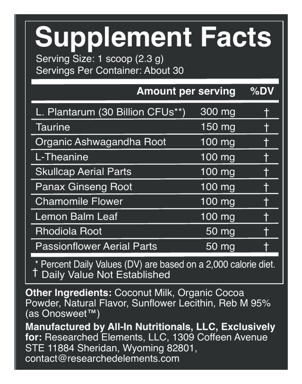 Serene Calm mixed berry powder label: Supplement Facts