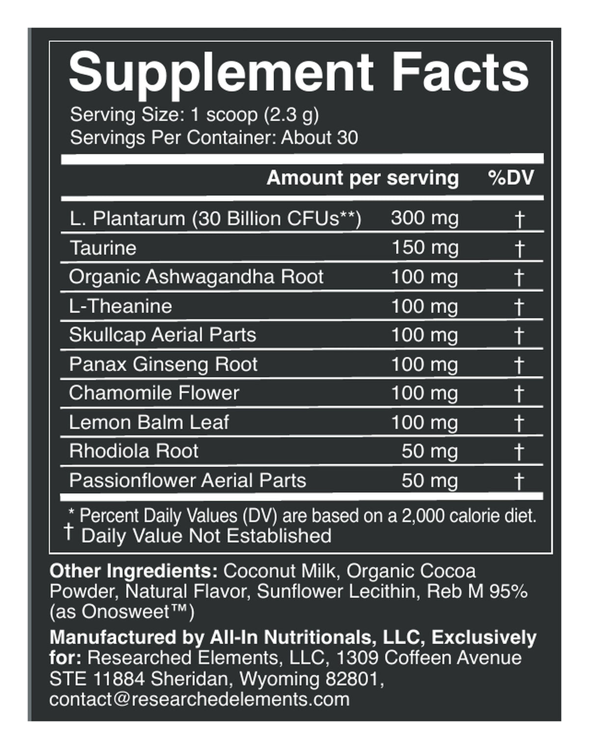 Serene Calm mixed berry powder label: Supplement Facts