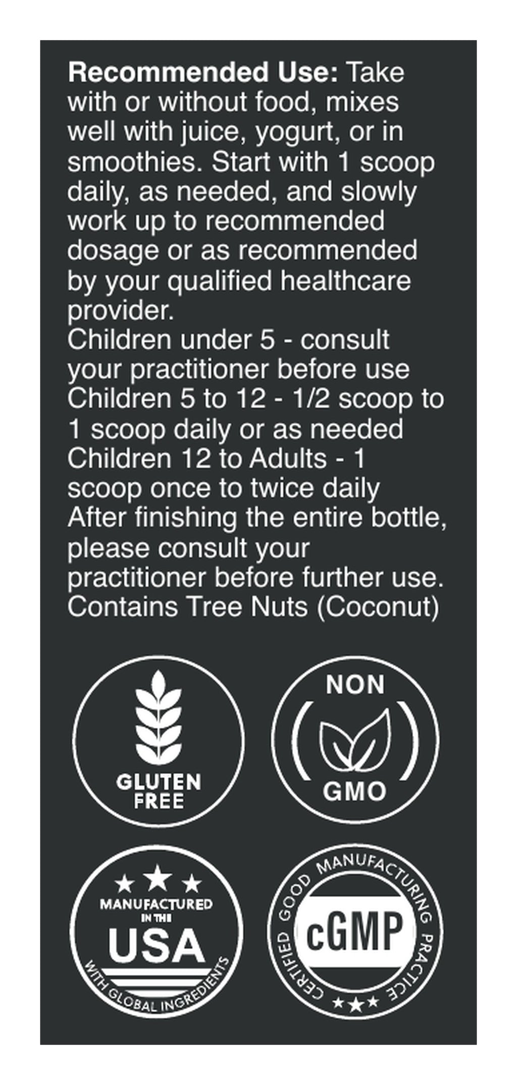 Serene Calm coco powder label: Directions and warnings