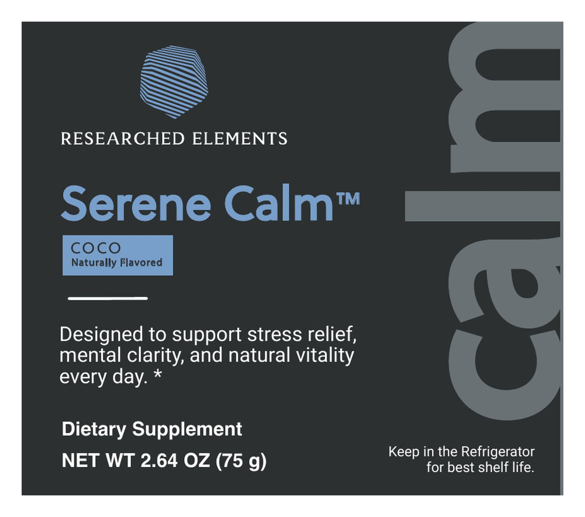Serene Calm coco powder label: Front