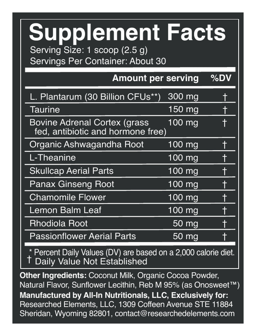 Serene Calm coco powder label: Supplement Facts