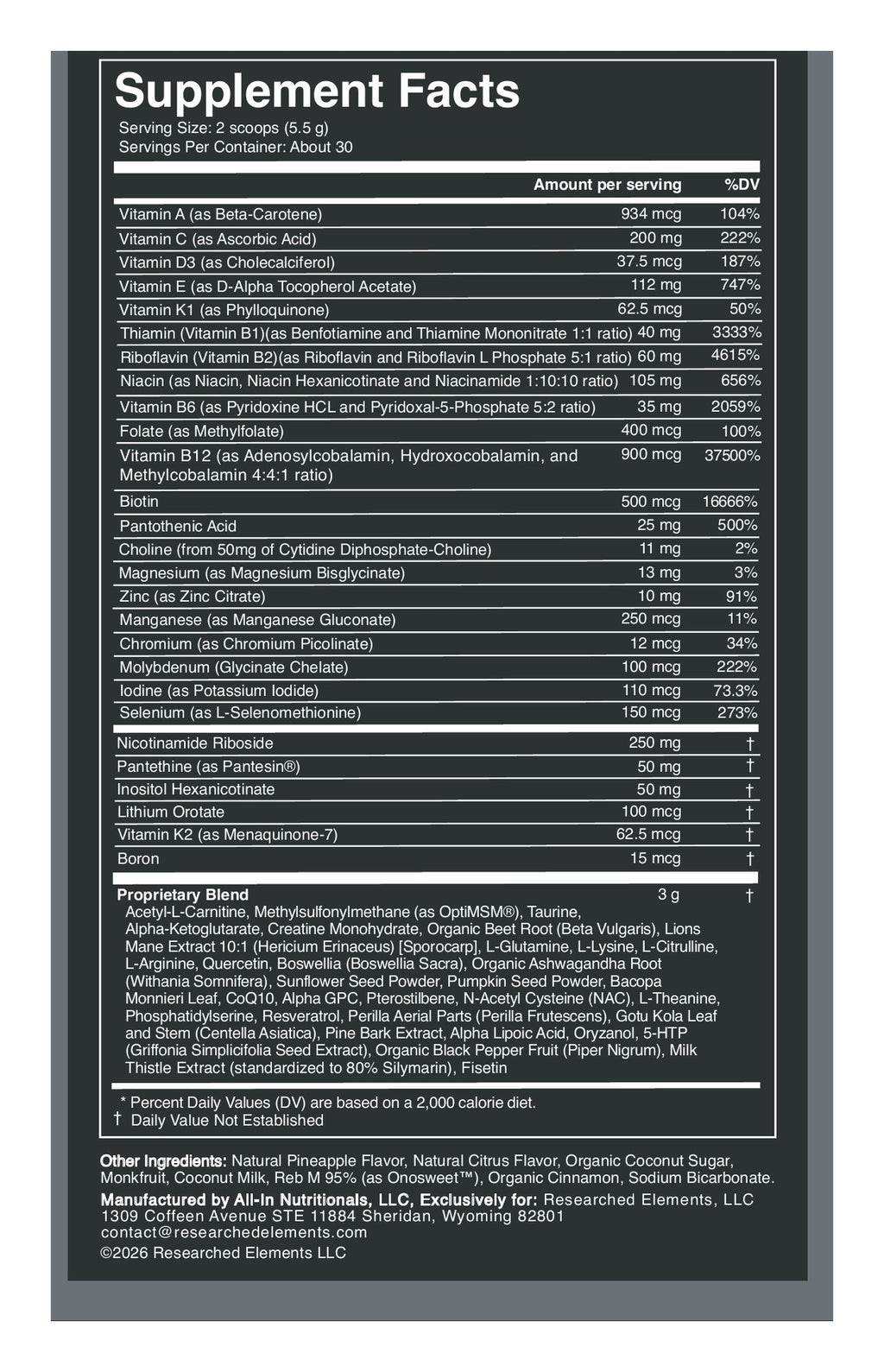 Spectrum Max powder label: Supplement Facts
