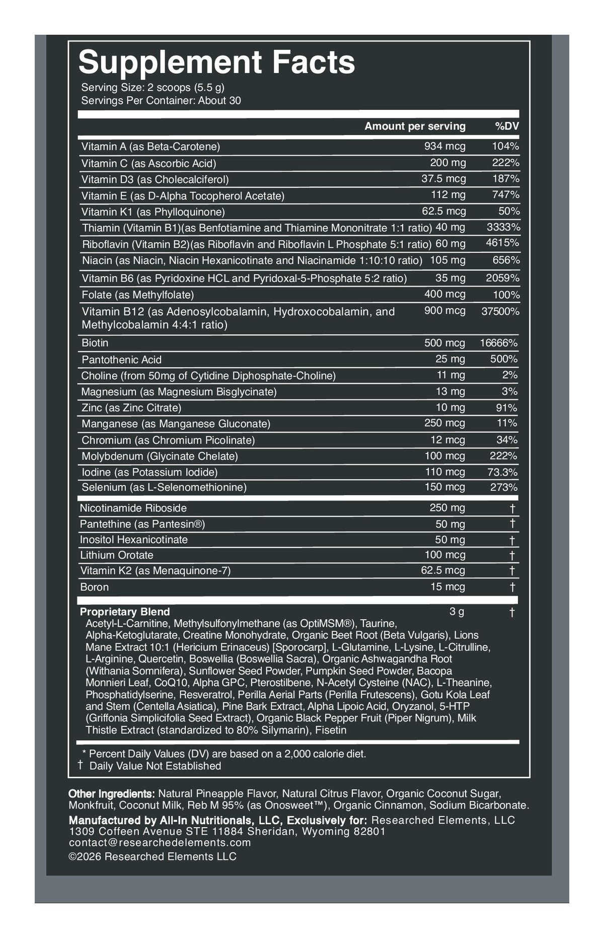 Spectrum Max powder label: Supplement Facts