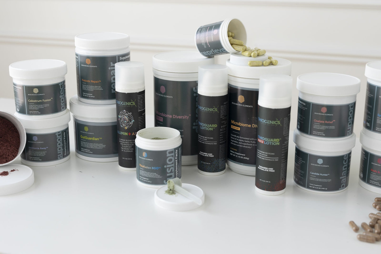 The Researched Elements range of formulas on a white table